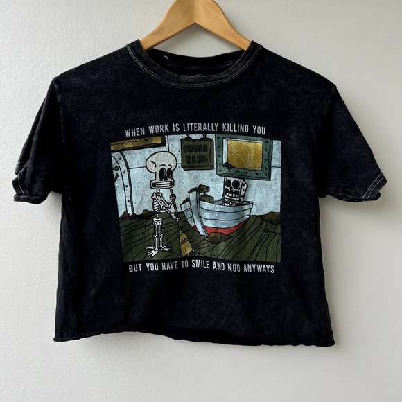 Spongebob Squidward Black Cropped Short Sleeve Tee Work Kills You Women's XS - Picture 1 of 7